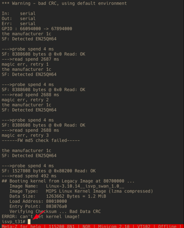 Terminal output from bootloader