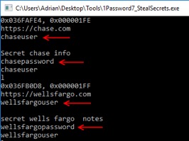 Figure 8. Extracting password entries from a locked instance of 1Password7.